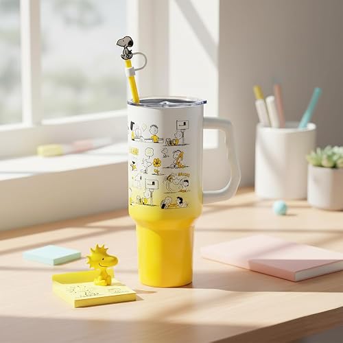 Silver Buffalo Peanuts con Charlie Brown, Snoopy, Woodstock, Lucy, Sally, Linus y más vaso de acero inoxidable con mango y popote, se adapta a portavasos estándar, 40 onzas