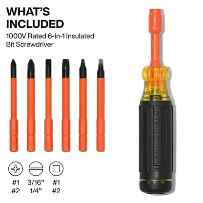 KLEIN TOOLS 32306INS | Desarmador Aislado 6 En 1 | 1000V | Bloqueo De Punta | Trabaja con más seguridad usando este desarmador aislado 6 en 1 de 1000V, con bloqueo y puntas en el mango.