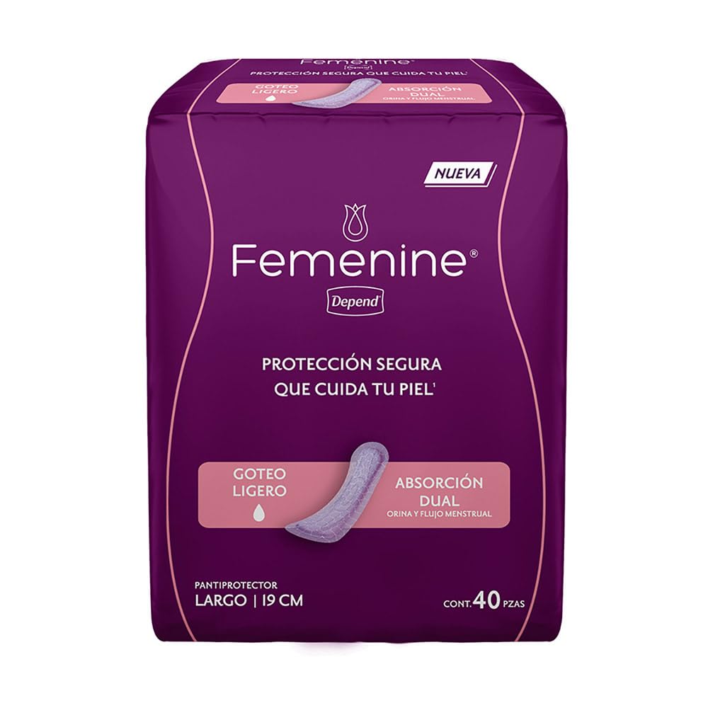 Depend Femenine Pantiprotector para Incontinencia. 400 Piezas. Ideal para goteo ligero. Absorción dual: absorbe orina y flujo menstrual. Cubierta interna adicionada con óxido de cobre, zinc y plata.