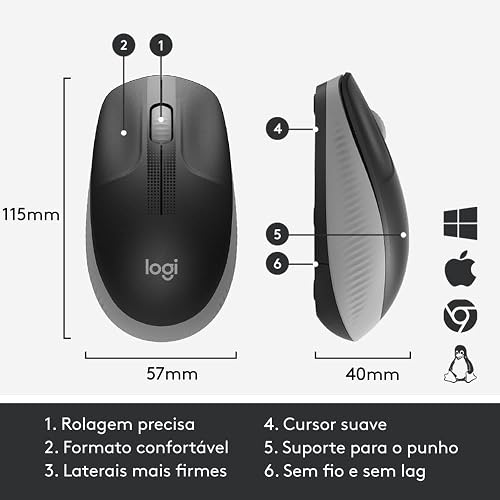 Logitech M190 Mouse Inalámbrico, Diseño Curvo Ambidiestro, Batería 18 Meses con Modo Ahorro, Receptor USB, Cursor y Desplazamiento Preciso, Compatible con PC, Mac, Laptop - Negro/Gris