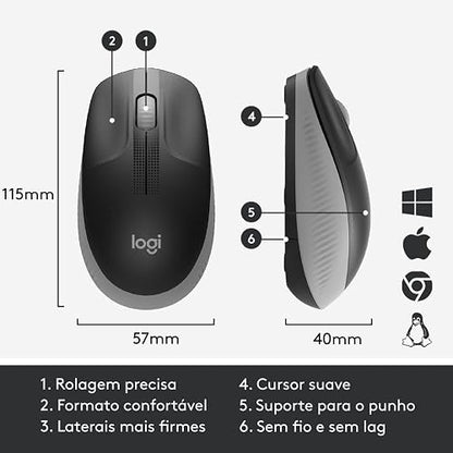 Logitech M190 Mouse Inalámbrico, Diseño Curvo Ambidiestro, Batería 18 Meses con Modo Ahorro, Receptor USB, Cursor y Desplazamiento Preciso, Compatible con PC, Mac, Laptop - Negro/Gris