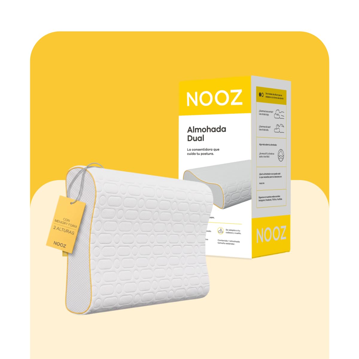 Nooz Almohada Dual Memory Foam Cervical Doble Altura Soporte Ergonómico para Dormir de Lado Firme para Cuello