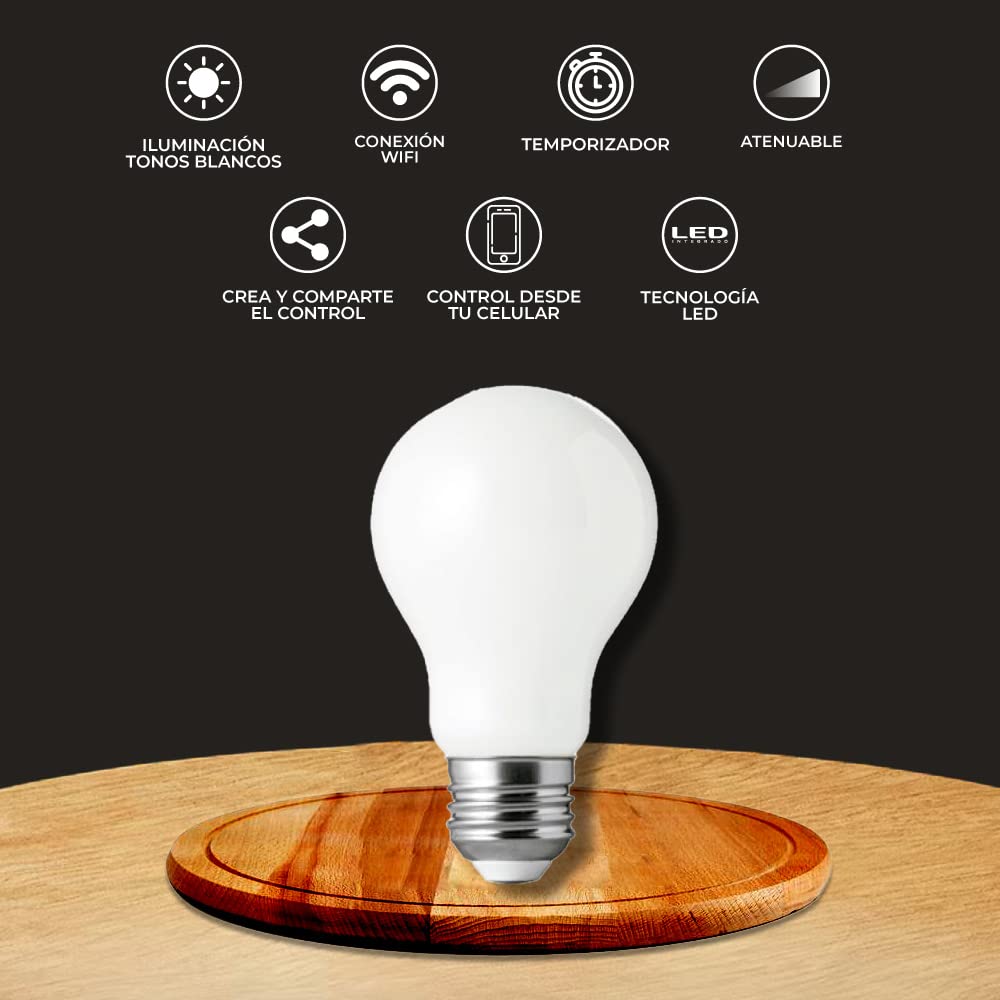 Tecnolite Connect Foco LED Inteligente Filamento A19 WiFi 5.5W - Luz Blanca Dinámica, Atenuable, Bombilla Compatible con Alexa, Google Assistant, Atajos de Siri y App móvil