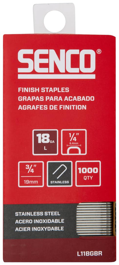 SENCO L11BGBR - Grapas de acabado de corona de calibre 18 de 1/4 pulgadas, acabado de acero inoxidable, paquete de 1000 unidades