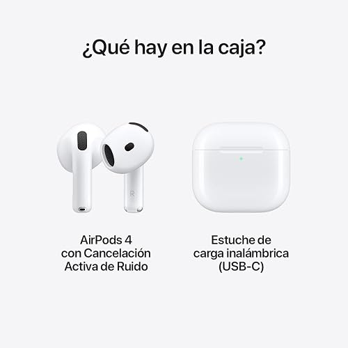 Audífonos inalámbricos AirPods 4 de Apple con Bluetooth, Cancelación Activa de Ruido, Modo Ambiente, Audio Espacial Personalizado, Estuche de Carga con USB-C, Carga inalámbrica, Chip H2