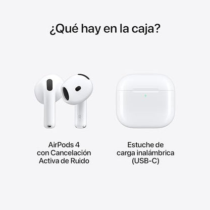 Audífonos inalámbricos AirPods 4 de Apple con Bluetooth, Cancelación Activa de Ruido, Modo Ambiente, Audio Espacial Personalizado, Estuche de Carga con USB-C, Carga inalámbrica, Chip H2
