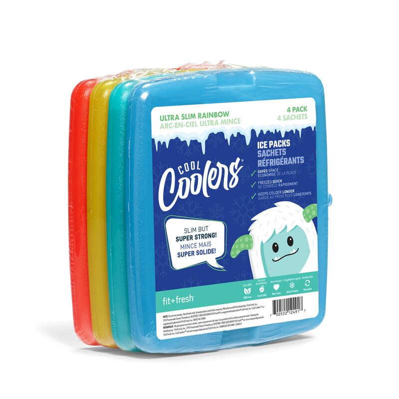 Cool Coolers by Fit & Fresh - Paquete de 4 Paquetes de Hielo Delgados, congelación rápida, Bolsas de Hielo Reutilizables para loncheras o enfriadores, Multicolor, 3 Paquetes de 4
