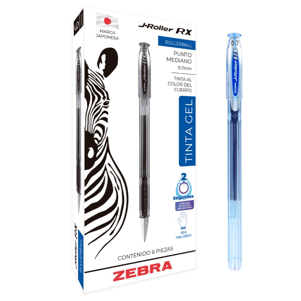 Zebra J-Roller RX Bolígrafo Rollerball de Tinta Gel, Punto Medio, Caja con 6 - Azul