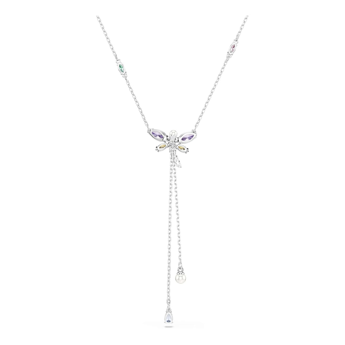Swarovski x Ariana Grande Colección Oficial de Libélula Motif Jewelry Collection, Broche, Collar con colgante, arete, piedras multicolores de corte mixto, acabado rodio