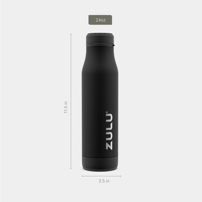 ZULU Ace Botella de agua de acero inoxidable con base extraíble – Tapa a prueba de fugas, boquilla antimicrobiana, 24 oz, color negro