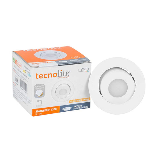 Tecnolite - Lámpara Downlight LED Empotrable Dirigible 3 W, Luz Suave Cálida, Atenuable, LED integrado