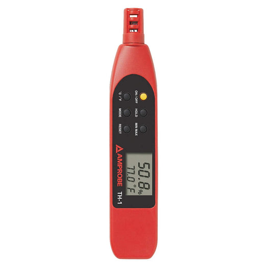 Amprobe TH-1 Medidor Digital de Humedad Relativa y Temperatura Tipo Pluma Rango de 0 a 100% HR y -20 °C a 50 °C Pantalla LCD Doble Función de Retención de Datos