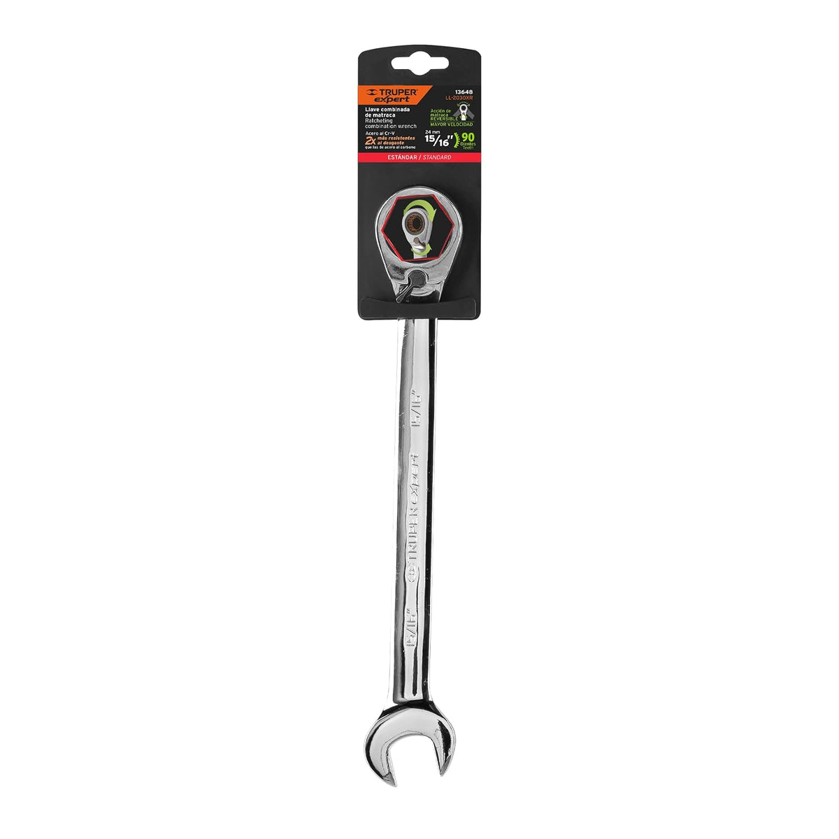 Truper Expert LL-2030XR, Llave combinada matraca reversible 15/16"x 332mm de largo