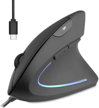Perixx PERIMICE-513C - Mouse Vertical USB-C con Cable, 6 Botones, Ajustable 1000/1600 dpi, diestro, Cable de 6 pies, Negro