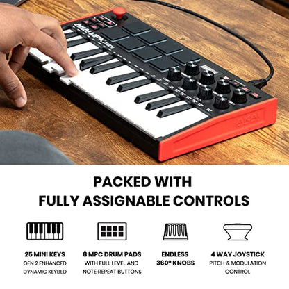 Akai Professional MPK Mini MK3 - Teclado Controlador MIDI USB de 25 Teclas con 8 Drum Pads, 8 Perillas, Software de Producción Musical y Native Instruments Sound Package (NKS Integration)