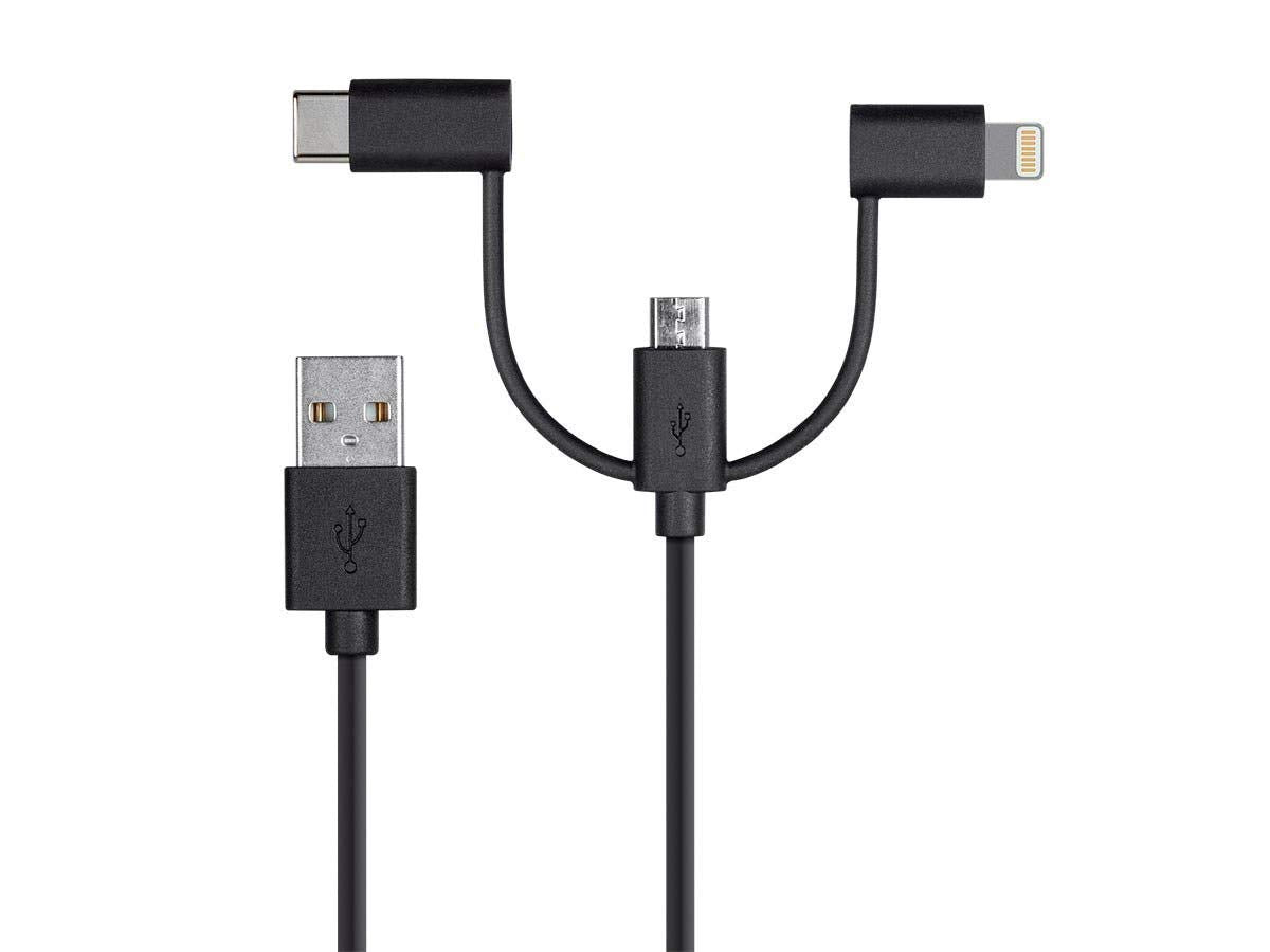 Mono Apple MFi Certified USB to Micro USB + USB Type-C + Lightning Charge And Sync Cable - 3 Feet - Black