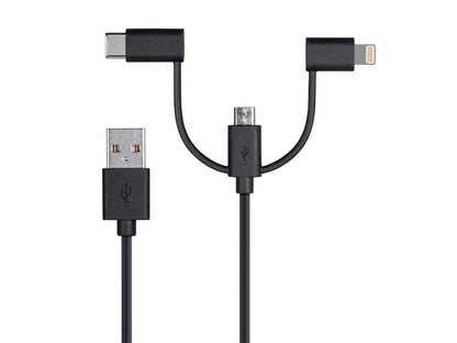 Mono Apple MFi Certified USB to Micro USB + USB Type-C + Lightning Charge And Sync Cable - 3 Feet - Black
