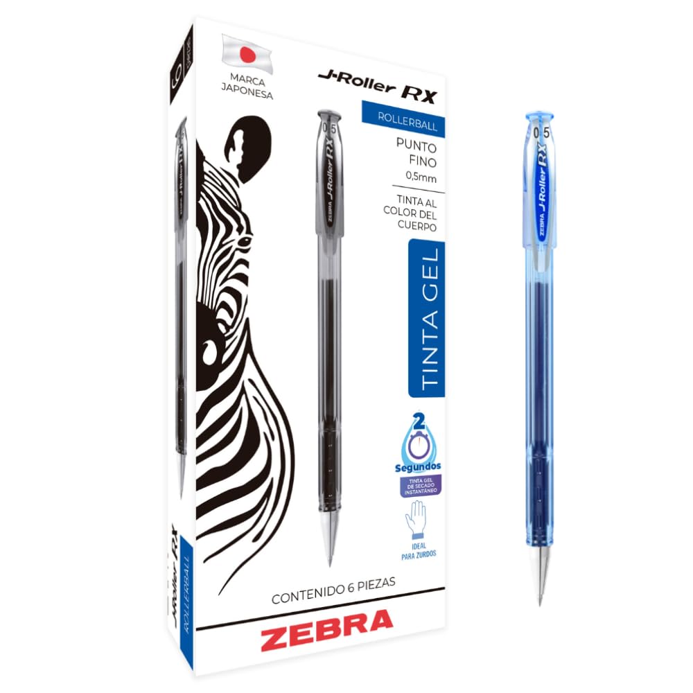 Zebra J-Roller RX Bolígrafo Rollerball Tinta Gel 0.5 mm, Caja 6 Piezas - Azul