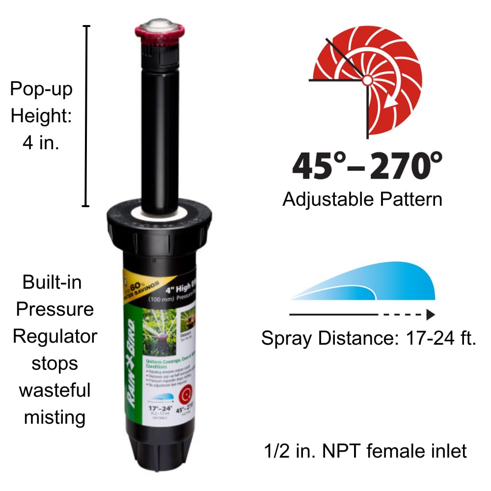 Rain Bird 22SAPROPR - Aspersor giratorio de alta eficiencia (PRS) Pro, ajustable a mano con patrón de 45° - 270°, distancia de pulverización de 17 pies - 24 pies, altura desplegable de 4 pulgadas