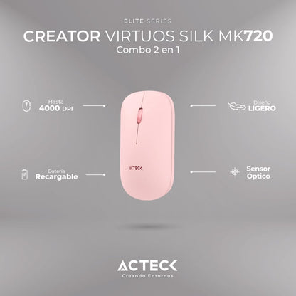 Acteck Virtuos Silk MK720 Combo 2 en 1 Teclado y Mouse Inalámbrico, Multidispositivo, 2.4 GHz + Bluetooth, 4000 dpi, Recargable (Rosa)