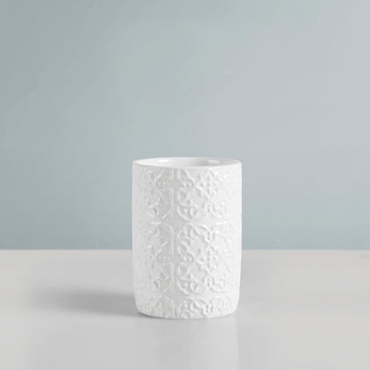 MARTHA STEWART - Juego de Accesorios de baño de cerámica, Organizador de Almacenamiento para decoración de Cambiador, medallón de Damasco en Relieve, dispensador de loción/jabón, Soporte para Cepillo