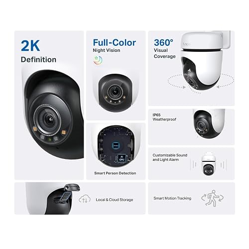 Tapo TC41, Cámara Wi-Fi de Seguridad Exterior, Resolución 3MP, Cobertura de 360°, Visión Nocturna Full-Color, Audio Bidireccional. Grabación en la Nube, Compatible con Alexa (Paquete de 2)