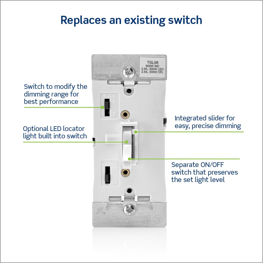 Leviton - Interruptor de atenuación deslizante para bombillas LED regulables, halógenas e incandescentes, TSL06-1LW, color blanco