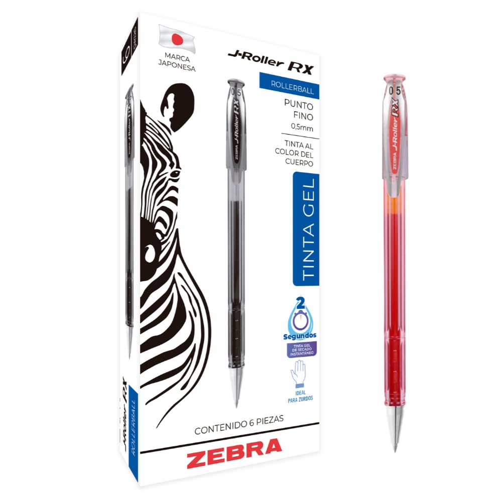 Zebra J-Roller RX Rollerball Tinta Gel Secado Rápido Punto 0.5 mm Caja 6 Piezas (Rojo)