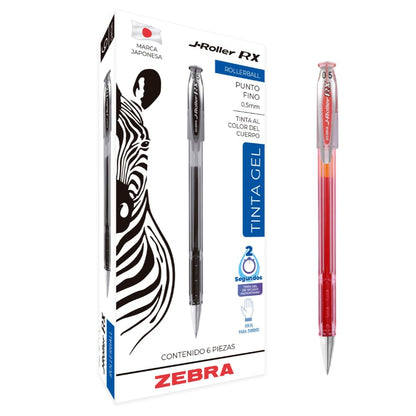 Zebra J-Roller RX Rollerball Tinta Gel Secado Rápido Punto 0.5 mm Caja 6 Piezas (Rojo)