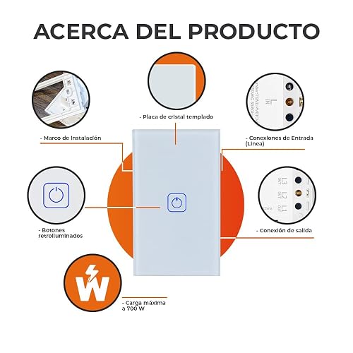 Tecnolite Connect - Apagador Inteligente Táctil WiFi 1 Circuito, Sin Cable Neutro, Compatible con App móvil, Alexa, Google y Siri, Interruptor Inteligente