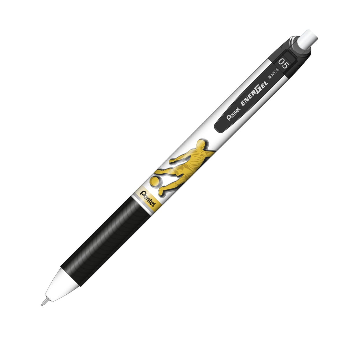 Pentel EnerGel, Bolígrafo de Gel Retráctil/Pluma Recargable, Punta de Aguja 0.5 mm, Edición Especial Fútbol, Tinta Negra de Secado Rápido, Cuerpo Blanco, Paquete de 10 Piezas, BLN125FBW-A