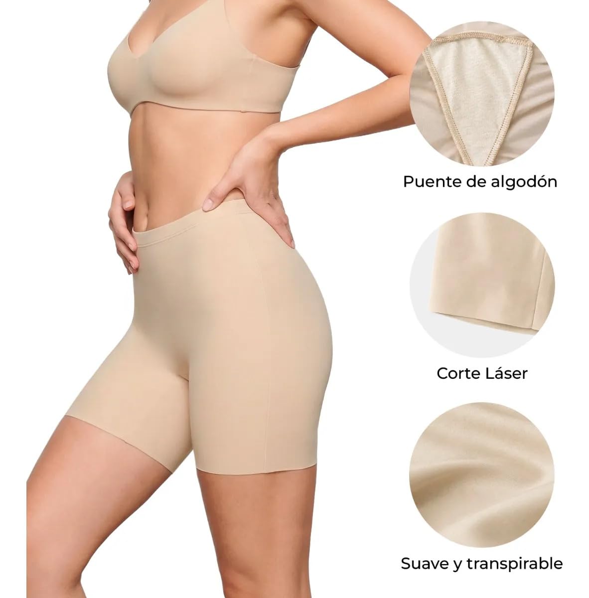 BODYcontrol Boxer Mujer Tipo Faja Short Moldeadora Invisible Calzón Licra Shorts Ropa Interior Fondo para Vestidos Cómoda Corte Láser Antideslizante Control Medio Pierna 5" 2414