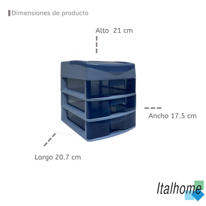 Italhome Cajonera de Plástico Sesia Azul, Mini Organizador de Escritorio Multiusos con 3 Cajones Transparentes