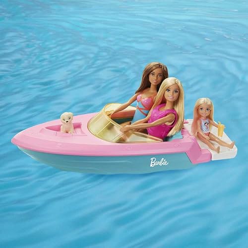 Barbie, Set de Juego Bote Acuático con Muñeca y Perrito, Lancha Flotante con Accesorios Plug-and-Play, para Niñas de 3 Años en Adelante