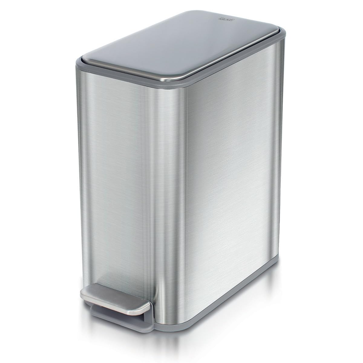 Glad - cubeta de basura delgado para baño, cubeta de basura pequeño con tapa de cierre suave y pedal de pie | Cesta de basura estrecha de níquel cepillado con cubeta interior extraíble, 2.6 galones