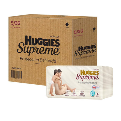 Pañal Huggies Supreme, unisex con 36 pzs, etapa 6, para bebés de 13.5 kg en adelante. Único clinica y dermatologicamente probado