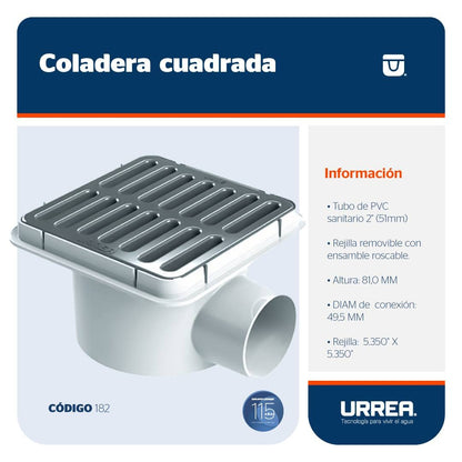 URREA 182 Coladera Cuadrada Salida Lateral Rejilla Cromada