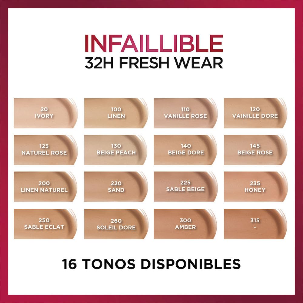 L´Oréal Paris base de maquillaje líquida de alta cobertura, Infallible 32h Freshwear Tono 100, 30ml