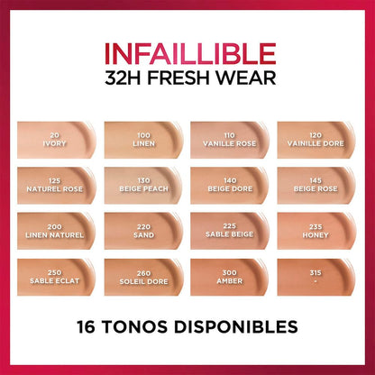L´Oréal Paris base de maquillaje líquida de alta cobertura, Infallible 32h Freshwear Tono 100, 30ml