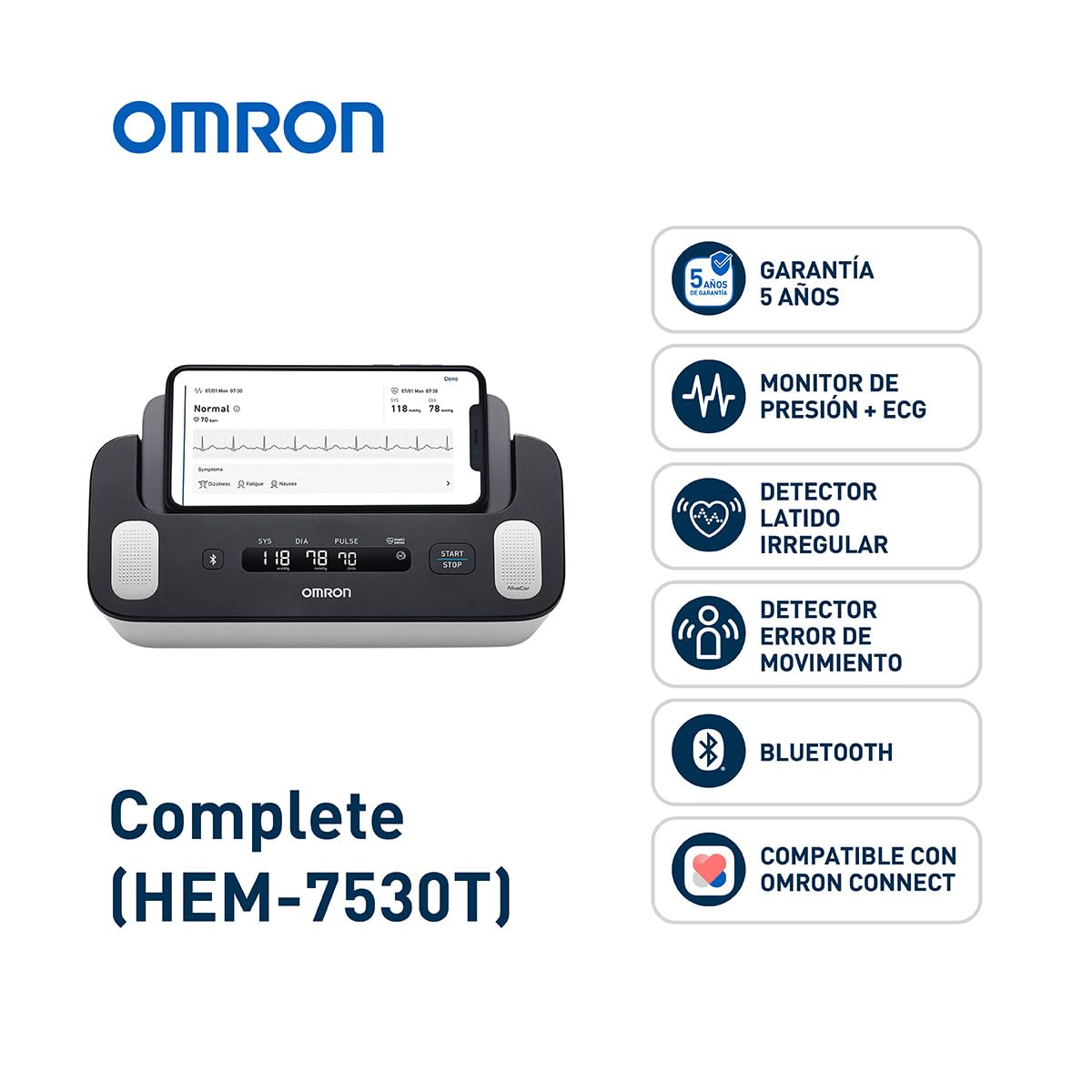 OMRON Complete – Baumanómetro de Presión Arterial y Electrocardiograma (ECG) 2 en 1 para Brazo, Validado Clínicamente, con Conectividad Bluetooth y App Gratuita – Ideal para Uso en Casa