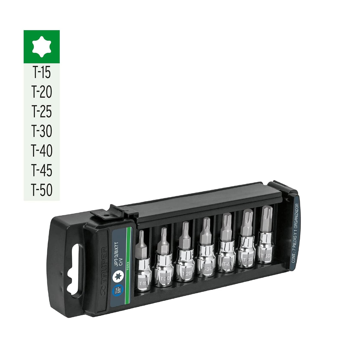 Truper JPT-3/8X7T, Juego de 7 dados punta torx, cuadro 3/8"