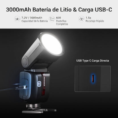 NEEWER Z2PRO-C 2,4G TTL Flash Speedlite de Cabeza Redonda Compatible con Canon, 76W 1/8000s HSS Luz para Fotografía de Cámara con Interfaz de Usuario Mejorada 2 Lámpara Modelado, TTL/M TCM Interruptor