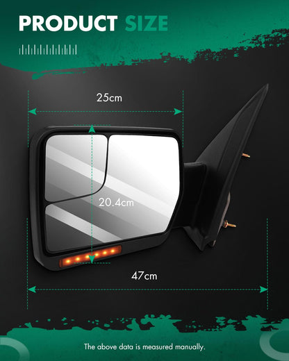 SCITOO Compatible con Ford F150 espejo de remolque reflector con luces de charco, espejo retrovisor negro compatible con Ford F150 2004-2014 para Ford F150 con señal de giro, control de potencia calentado, plegado manual (lado del conductor)