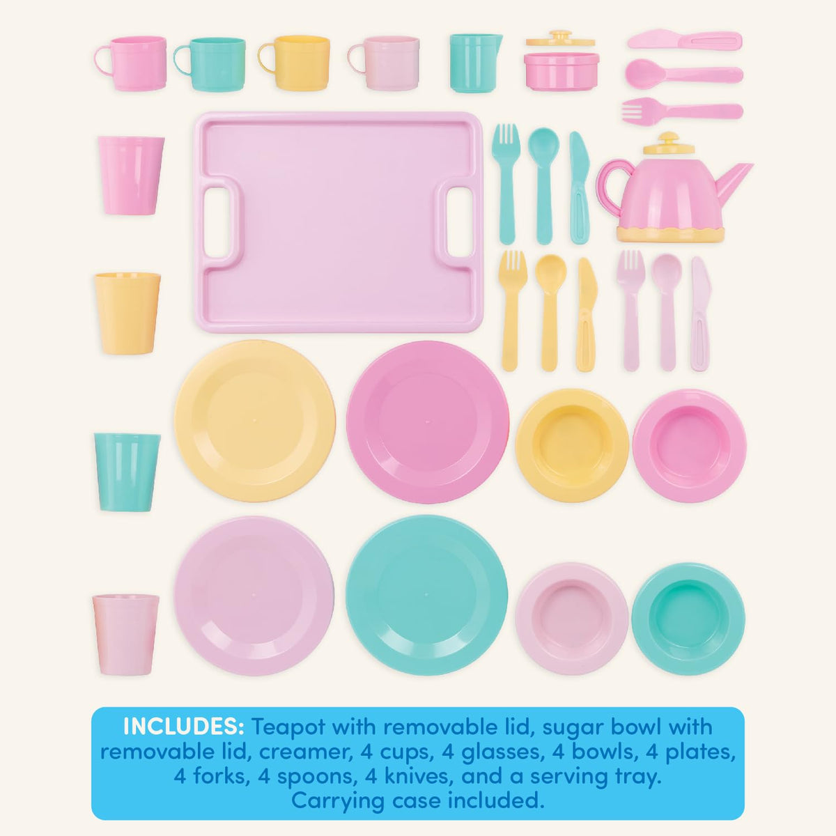 Battat Dishes Wishes, vajilla de Juguete con Tetera y Bandeja | Vajilla infantil Set de 34 piezas con tetera, azucarera, cremera, tazas, vasos, platos, cuencos y cubiertos, 3 años y +