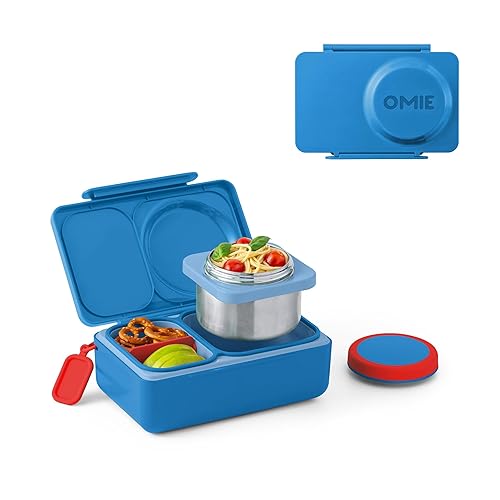 Omie OmieBox UP Bento Box para niños, lonchera aislada, tarro de alimentos térmico aislado al vacío a prueba de fugas, bolsa de hielo más fría, 2 compartimentos (azul cósmico)