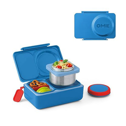 Omie OmieBox UP Bento Box para niños, lonchera aislada, tarro de alimentos térmico aislado al vacío a prueba de fugas, bolsa de hielo más fría, 2 compartimentos (azul cósmico)