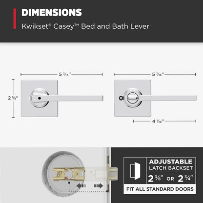 Kwikset Casey - Manija de puerta interior de privacidad con cerradura, palanca de puerta para baño y recámara, cerradura giratoria reversible de cromo pulido sin llave