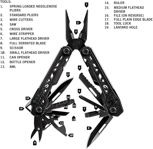 Gerber Gear Truss Multiherramienta 17 en 1 con cuchillo de bolsillo y alicates de punta de aguja, regalos para hombres, equipo EDC compacto, negro con funda estándar