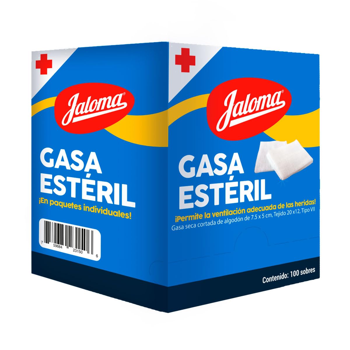 Jaloma | Gasa Estéril Simple 7.5x5 cm, material de curación, caja con 100 sobres