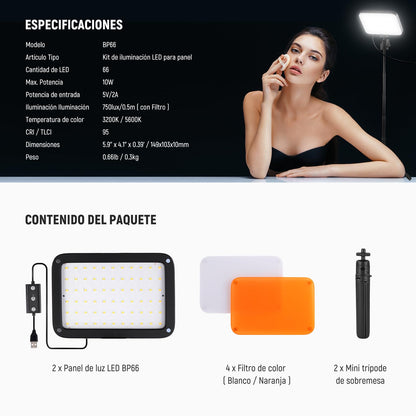 NEEWER Basics 2Pack Panel Video LED Escritorio, Kit Videoconferencias Foco Luz con Trípode y Filtros para Móvil Cámara Web Portátil Zoom Llamadas Maquillaje Grabación Selfies, Bicolor Regulable, BP66